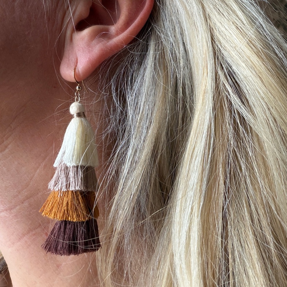 Tiered Tassel Drop Earrings in Cream and Brown